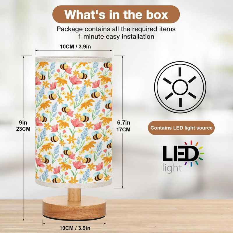 Festive Christmas & Year-Round LED Table Lamp with Warm White Light - Elegant Beige/Brown Floral Fabric Shade & Bee/ Motif, Soft Glow Bedside Light for Bedroom, Dorm, - -like Plug-and-Play Button Control (Wood