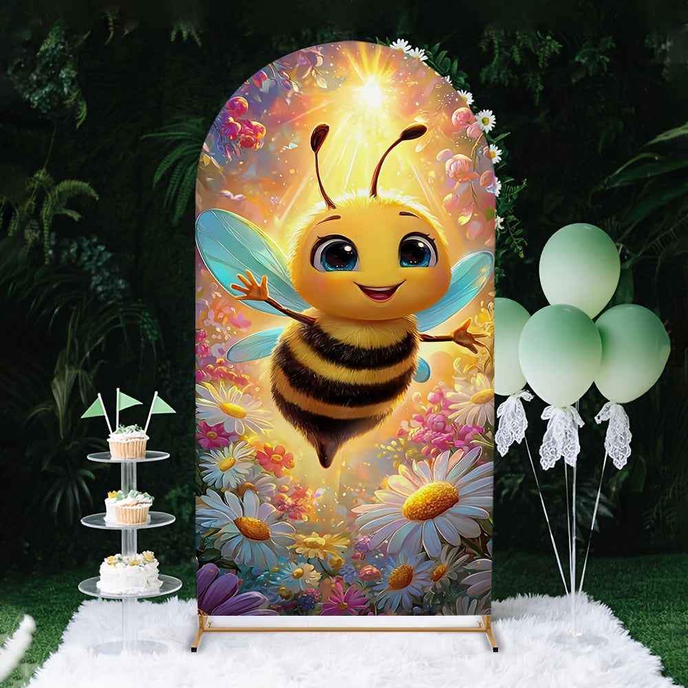 2D Flat, 1pc Cute Bee & Flower Arch Backdrop with Smiling Bees, Bumblebee & Honeycomb Patterns - Stretchable Birthday Party, Wedding, Shower Decorations - Room Theme (Pink/Green/Yellow), 2D Flat