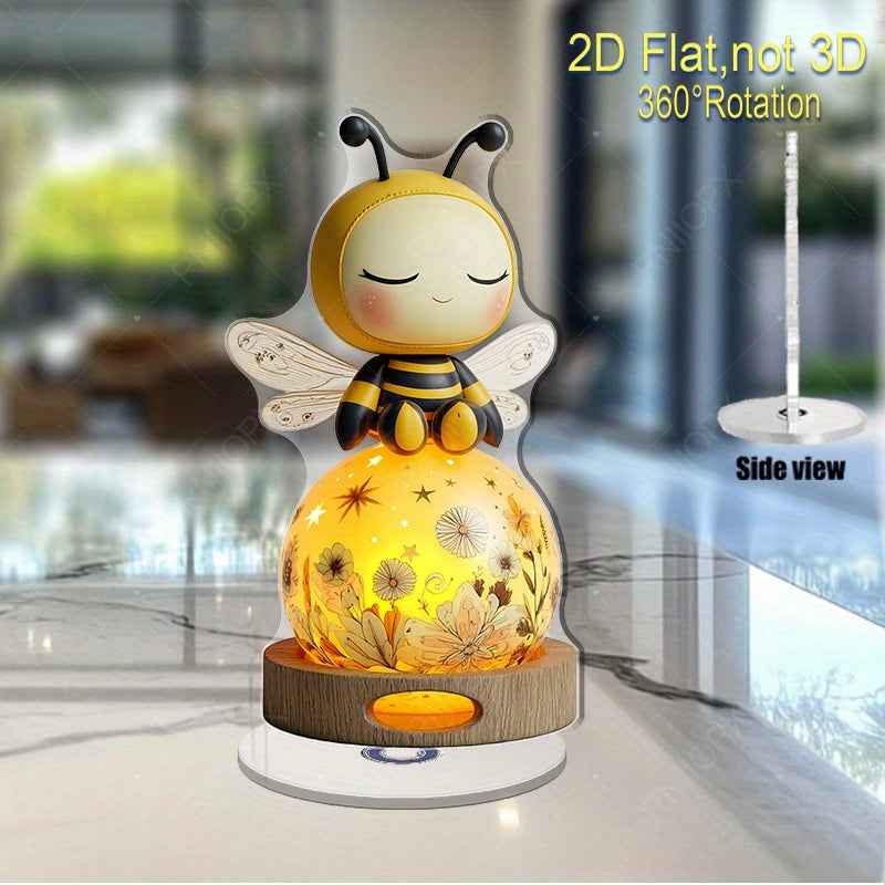 2D Flat, 2D Flat Print Rotating Acrylic Figurine Featuring A Cute Plush-Like Bee On A Glowing Spherical Lamp for Enhancing Home Ambiance As A Thoughtful Gift for Special Occasions, 2D Flat