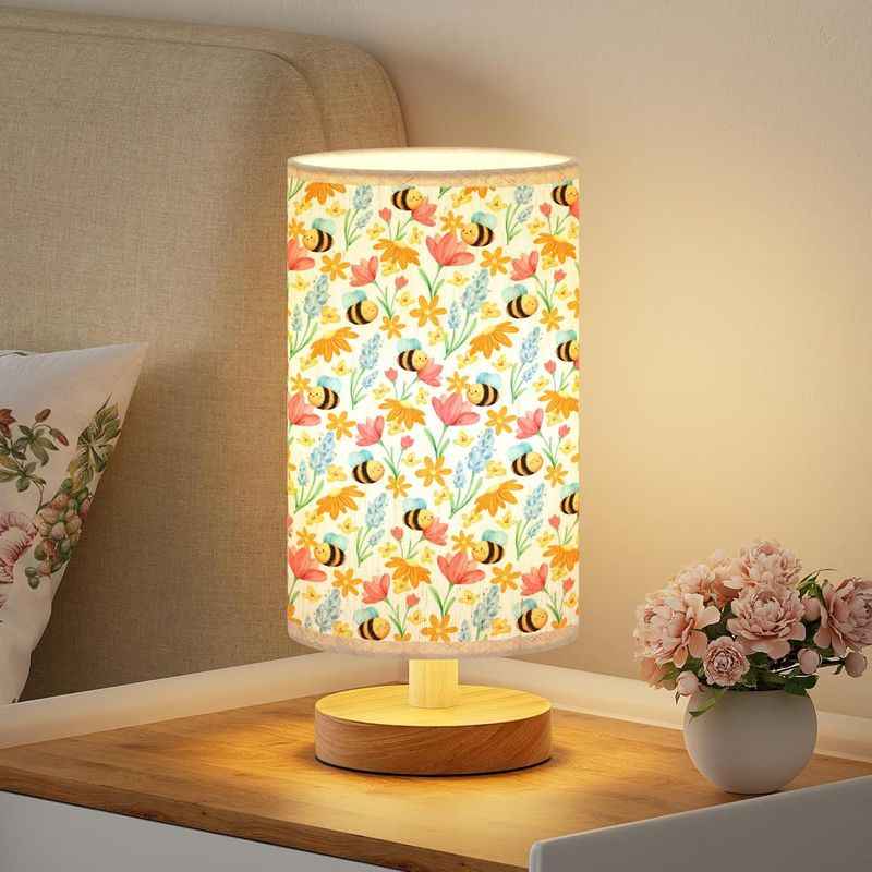 Festive Christmas & Year-Round LED Table Lamp with Warm White Light - Elegant Beige/Brown Floral Fabric Shade & Bee/ Motif, Soft Glow Bedside Light for Bedroom, Dorm, - -like Plug-and-Play Button Control (Wood