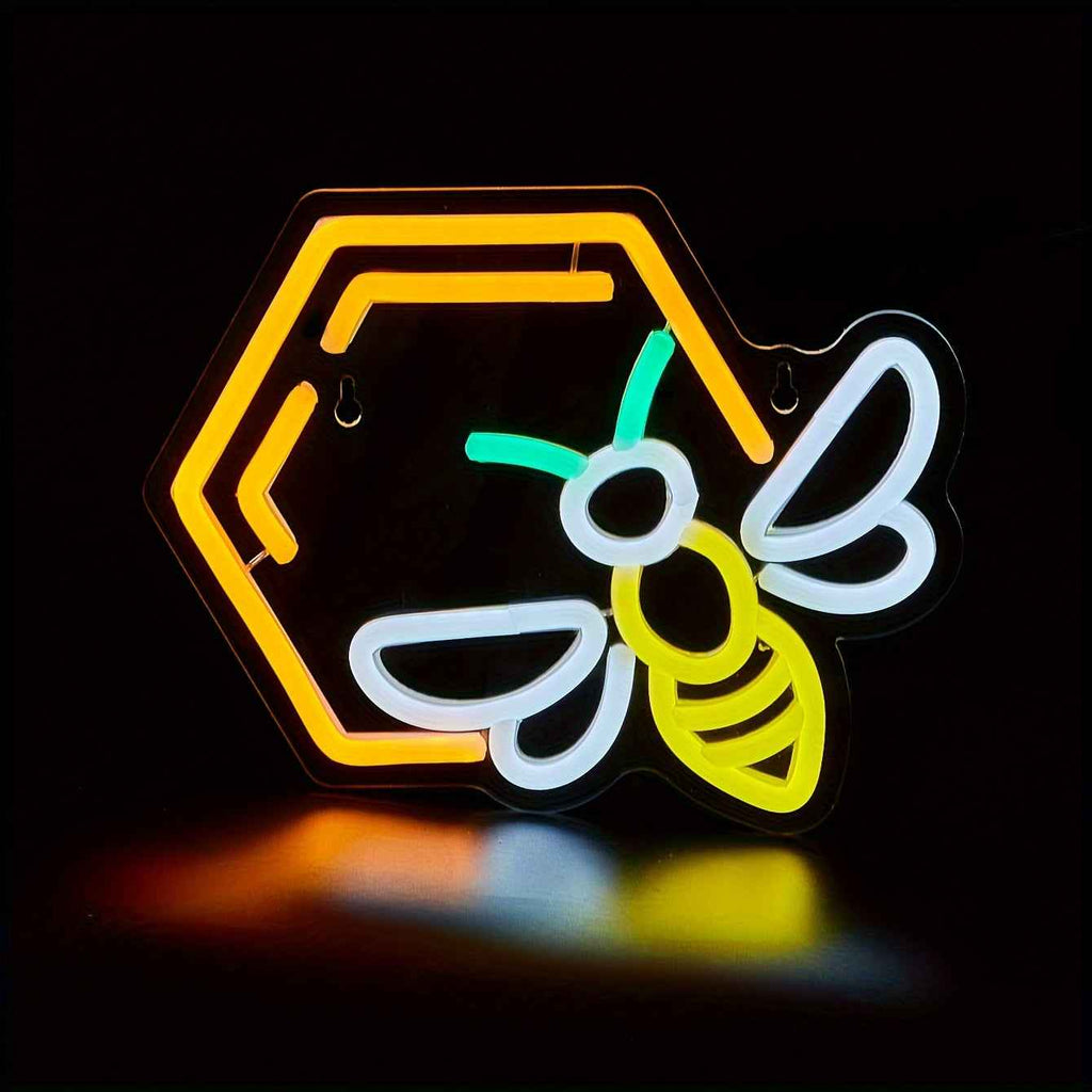 1pc Bee & Honeycomb LED Neon Sign - USB Powered Wall Art with Warm Yellow Glow, Modern Plastic Design for Home Decor, Parties, and Gifts, Unique Gift Item | Modern Neon Art | Plastic LED Sign, Neon Signs for Wall Decor