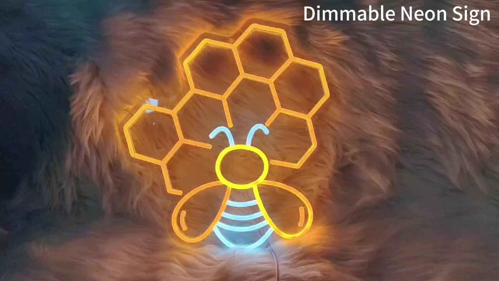 FOMZZE Cute Bee Neon Sign, USB Dimmable LED Light Up Sign, Creative Aesthetic Room Decor, with USB Light Compatible with Laptop, for Bedroom, Home Party, Birthday Gift, Wall Decor