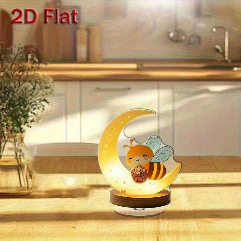 2D Flat, 2D Flat Acrylic Bee Night Light with Crescent Moon & Brown Base - 360° Rotating Cute Cartoon Bee Design, No Electricity Needed for Indoor/Outdoor Bedroom Decor - Ideal Gift for Home, Housewarming, Birthdays, 2D Flat