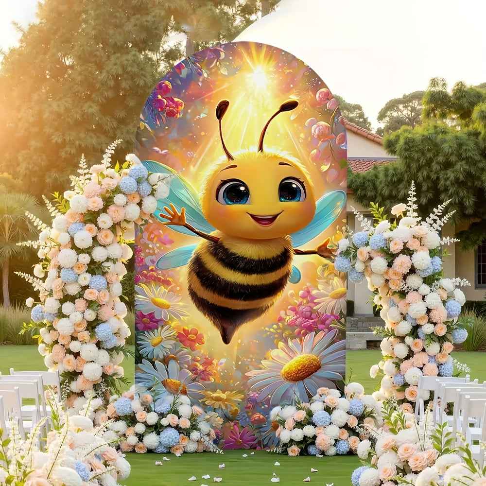 2D Flat, 1pc Cute Bee & Flower Arch Backdrop with Smiling Bees, Bumblebee & Honeycomb Patterns - Stretchable Birthday Party, Wedding, Shower Decorations - Room Theme (Pink/Green/Yellow), 2D Flat