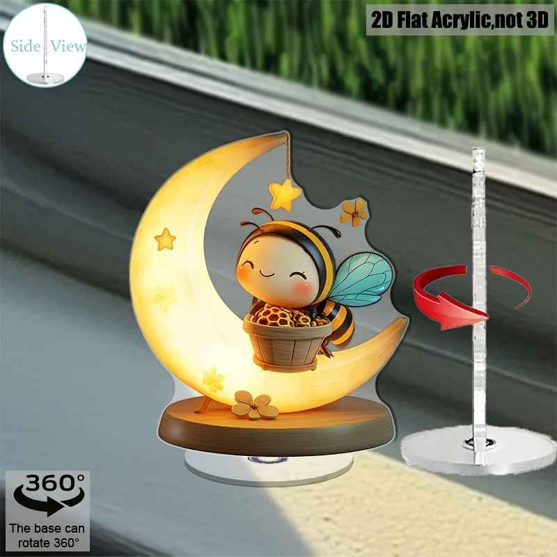 2D Flat, Spinning Bee on Crescent Moon Desk Decor - No Battery Needed, 360° Rotating Base with Glossy Acrylic Construction, Cute Tabletop Decoration for Home, Office, Parties - Perfect Housewarming or Wedding Gift for Bee Lo
