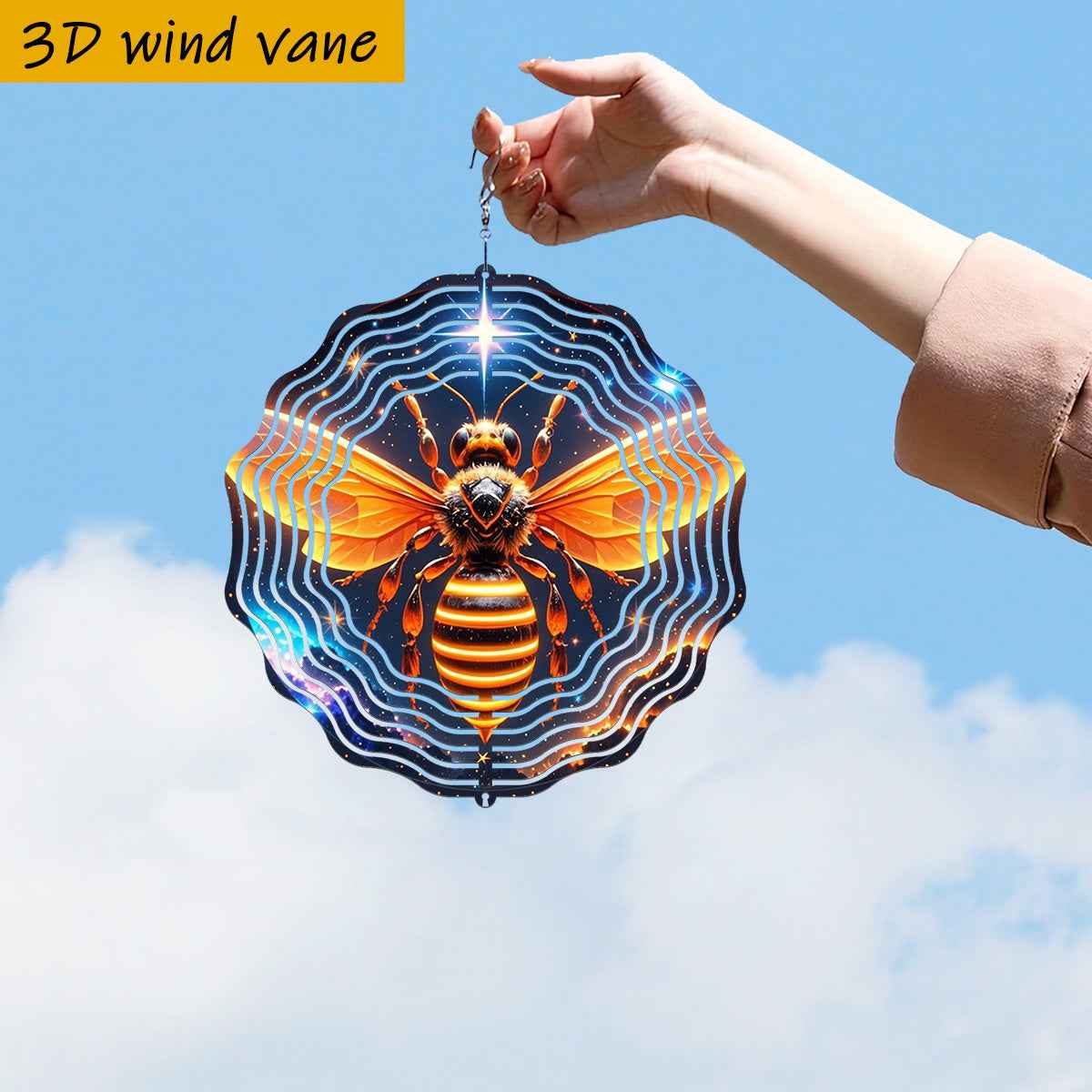 1pc 3D Glowing Bee in Starry Night Sky Iron Hanging Ornament - 10in Dual-Sided Rotating Wind Spinner with 360° Motion, No Batteries/Electricity, All-Season Indoor/Outdoor Decoration for Garden, Weddings, Christmas, Easter &