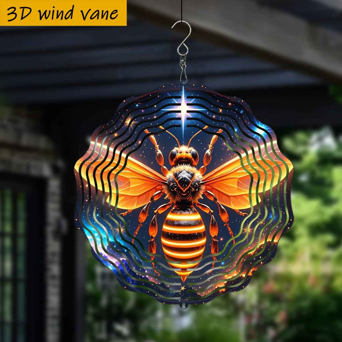 1pc 3D Glowing Bee in Starry Night Sky Iron Hanging Ornament - 10in Dual-Sided Rotating Wind Spinner with 360° Motion, No Batteries/Electricity, All-Season Indoor/Outdoor Decoration for Garden, Weddings, Christmas, Easter &