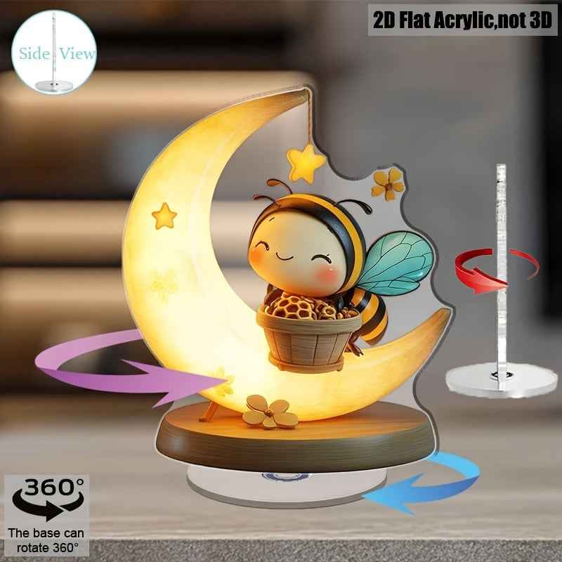 2D Flat, Spinning Bee on Crescent Moon Desk Decor - No Battery Needed, 360° Rotating Base with Glossy Acrylic Construction, Cute Tabletop Decoration for Home, Office, Parties - Perfect Housewarming or Wedding Gift for Bee Lo