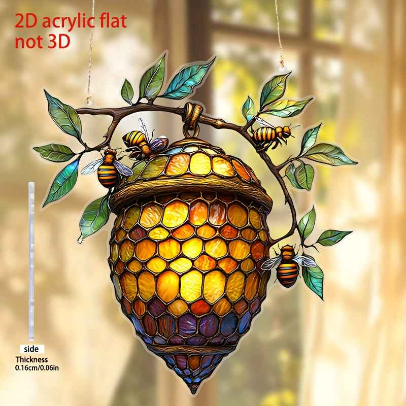 1pc, 2D Flat Vibrant Beehive and Bee Acrylic Suncatcher - Stained Glass Style Window Hanging, Great for Garden and Home Decoration, Perfect Birthday and Holiday Gift