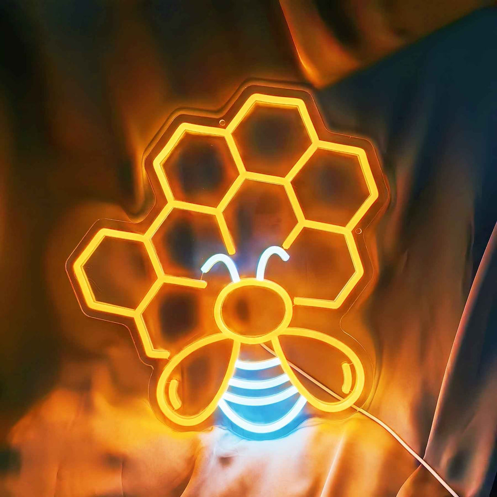 FOMZZE Cute Bee Neon Sign, USB Dimmable LED Light Up Sign, Creative Aesthetic Room Decor, with USB Light Compatible with Laptop, for Bedroom, Home Party, Birthday Gift, Wall Decor