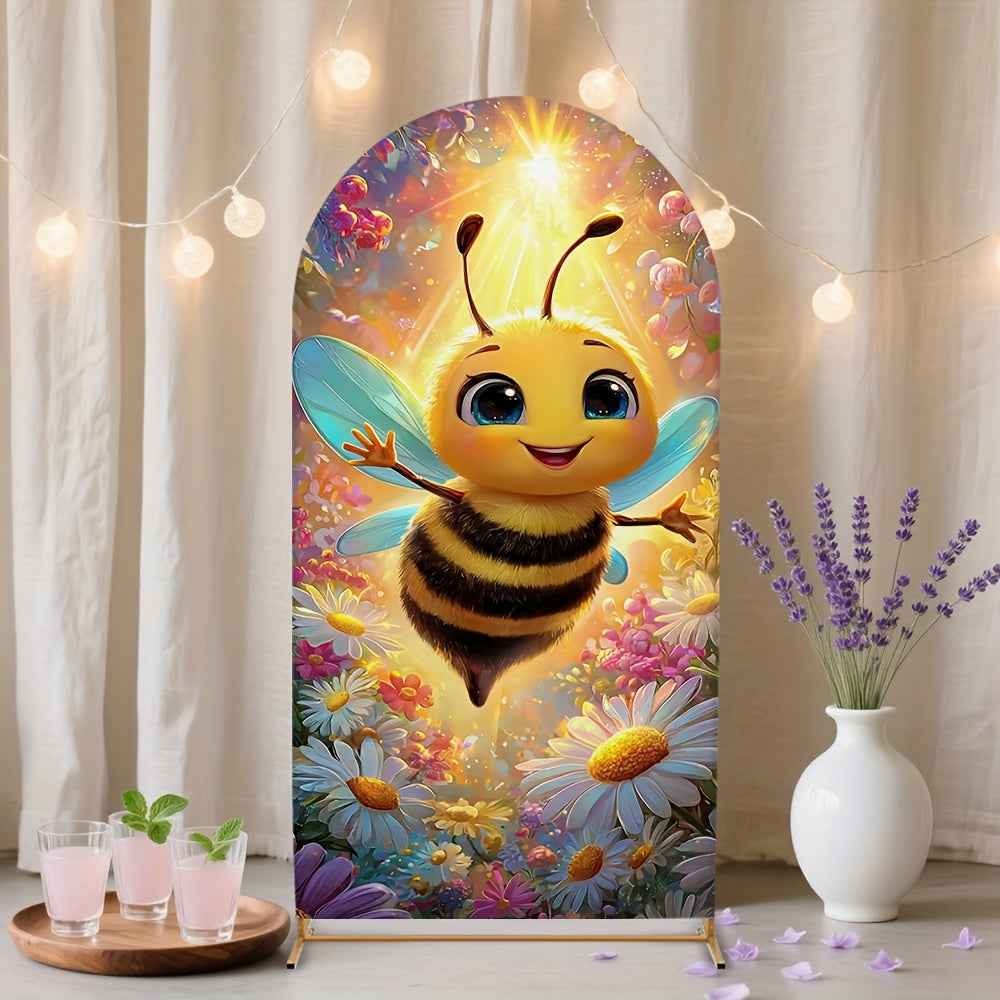 2D Flat, 1pc Cute Bee & Flower Arch Backdrop with Smiling Bees, Bumblebee & Honeycomb Patterns - Stretchable Birthday Party, Wedding, Shower Decorations - Room Theme (Pink/Green/Yellow), 2D Flat