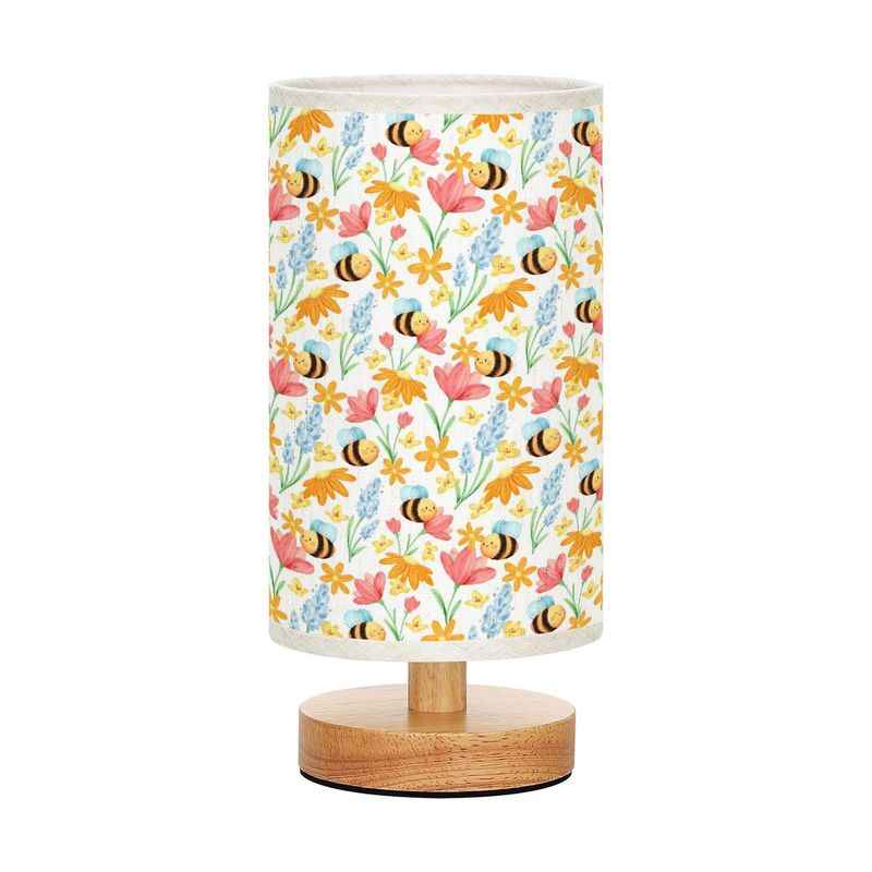 Festive Christmas & Year-Round LED Table Lamp with Warm White Light - Elegant Beige/Brown Floral Fabric Shade & Bee/ Motif, Soft Glow Bedside Light for Bedroom, Dorm, - -like Plug-and-Play Button Control (Wood