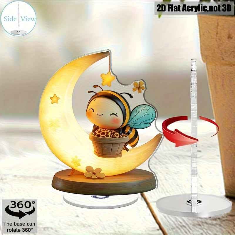 2D Flat, Spinning Bee on Crescent Moon Desk Decor - No Battery Needed, 360° Rotating Base with Glossy Acrylic Construction, Cute Tabletop Decoration for Home, Office, Parties - Perfect Housewarming or Wedding Gift for Bee Lo