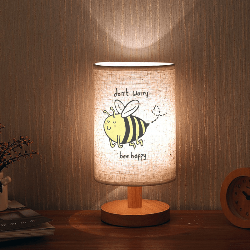 Modern USB Powered Linen Table Lamp with Cute Bee Pattern, Bedside Decorative Desk Light for Living Room and Bedroom, Best Gift for Family and Friends