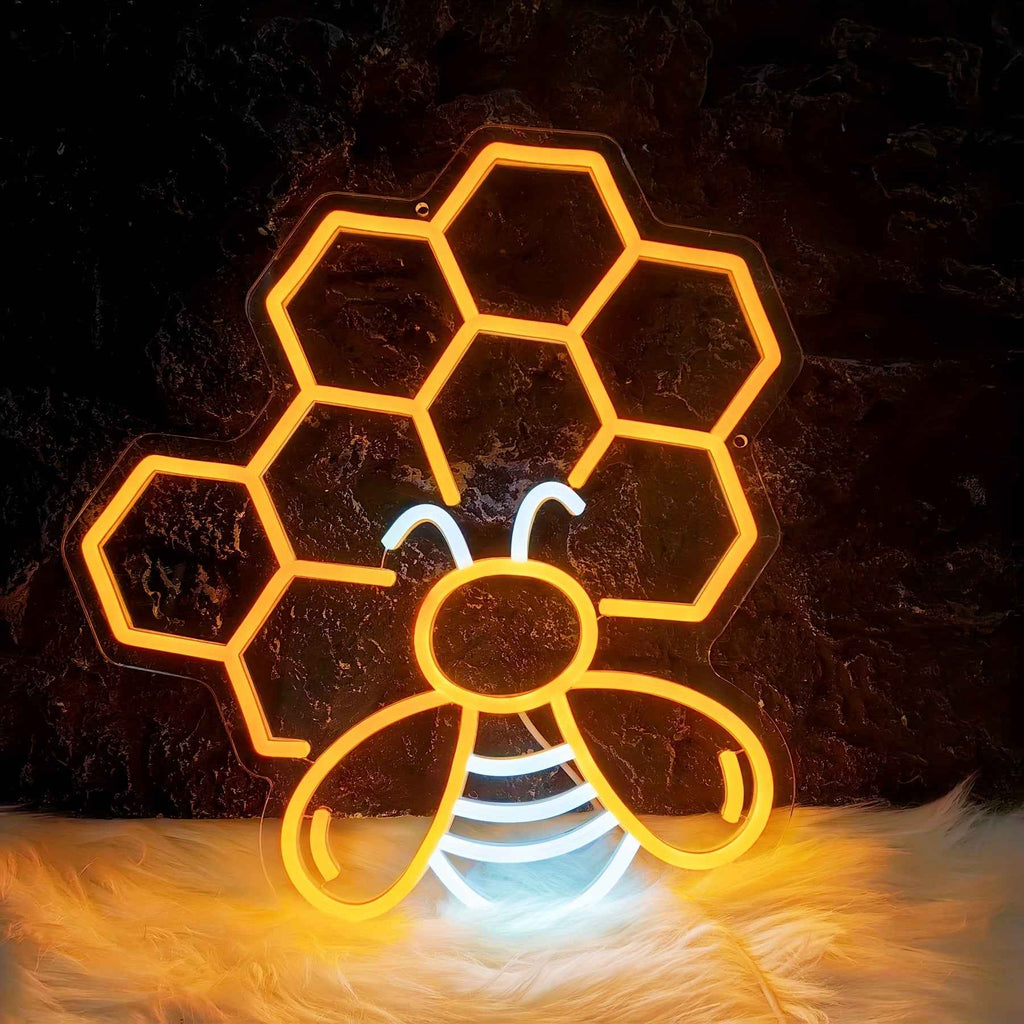 FOMZZE Cute Bee Neon Sign, USB Dimmable LED Light Up Sign, Creative Aesthetic Room Decor, with USB Light Compatible with Laptop, for Bedroom, Home Party, Birthday Gift, Wall Decor