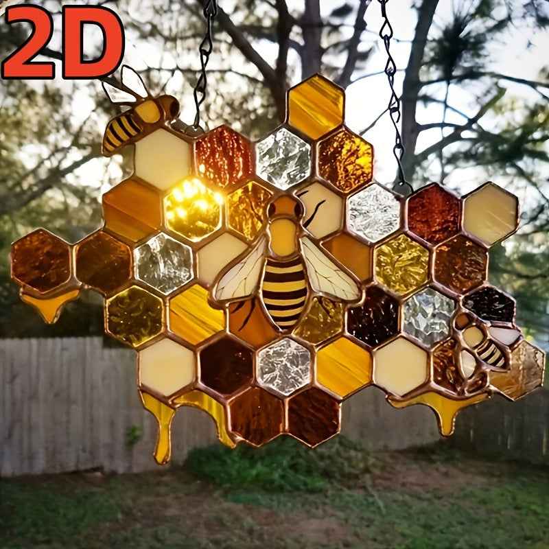 2D Flat, 2D Flat Bee and Honeycomb Colorful Acrylic Style Succulent Hanging Decor - Beautiful Garden and Outdoor Wall Decoration, Fully Power-Free, Perfect for Home and Lawn Ornaments, Suitable for Use in 11 Festivals, 2D Fla