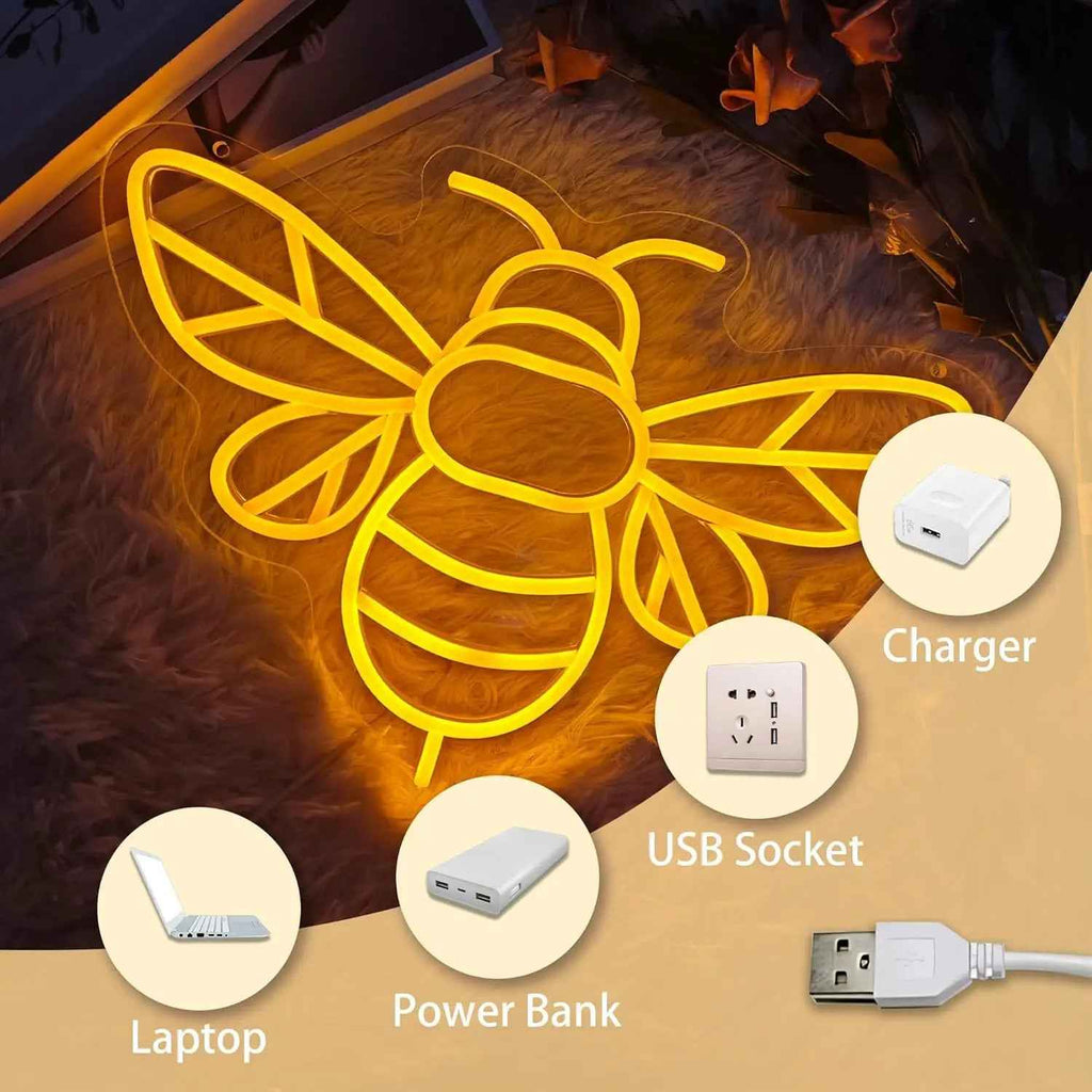 Bee LED Neon Light - USB Powered, Adjustable Brightness, Wall-Mounted Neon Light with Bee Design, Multi-Color Options, No Batteries Needed, Perfect For Wall Decor, New Year & Holiday Gifts, Bee Decorations