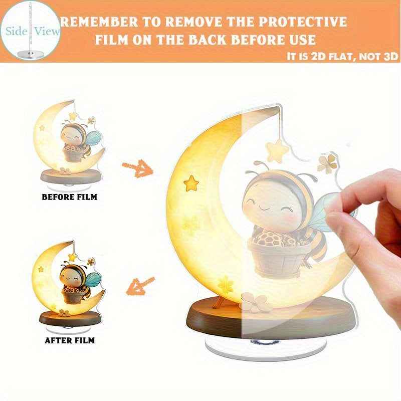 2D Flat, Spinning Bee on Crescent Moon Desk Decor - No Battery Needed, 360° Rotating Base with Glossy Acrylic Construction, Cute Tabletop Decoration for Home, Office, Parties - Perfect Housewarming or Wedding Gift for Bee Lo