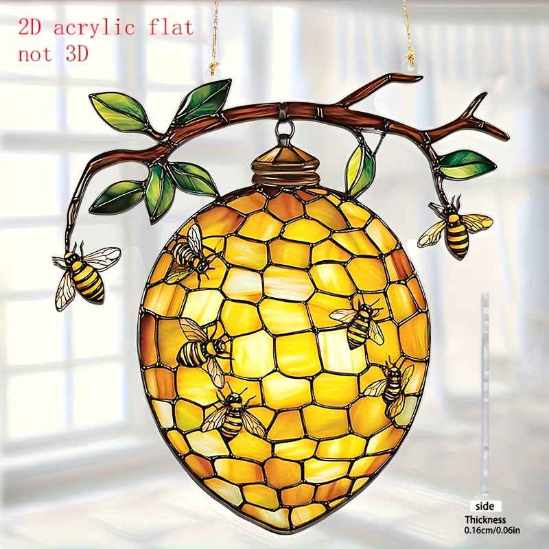 1pc, 2D Flat Vibrant Beehive and Bee Acrylic Suncatcher - Stained Glass Style Window Hanging, Great for Garden and Home Decoration, Perfect Birthday and Holiday Gift
