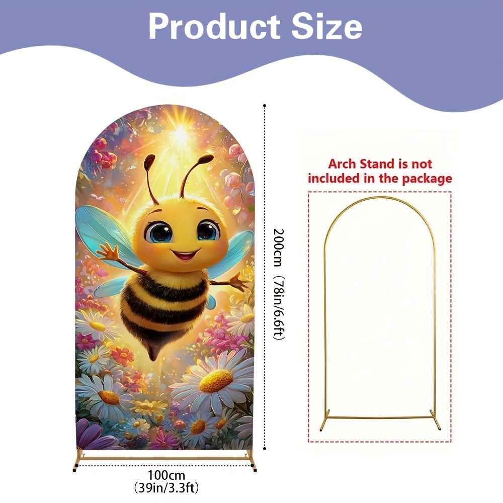 2D Flat, 1pc Cute Bee & Flower Arch Backdrop with Smiling Bees, Bumblebee & Honeycomb Patterns - Stretchable Birthday Party, Wedding, Shower Decorations - Room Theme (Pink/Green/Yellow), 2D Flat