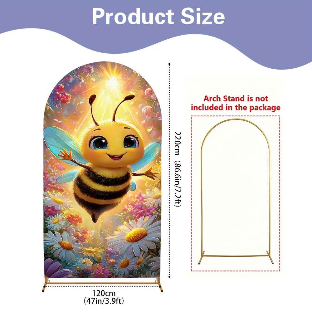 2D Flat, 1pc Cute Bee & Flower Arch Backdrop with Smiling Bees, Bumblebee & Honeycomb Patterns - Stretchable Birthday Party, Wedding, Shower Decorations - Room Theme (Pink/Green/Yellow), 2D Flat
