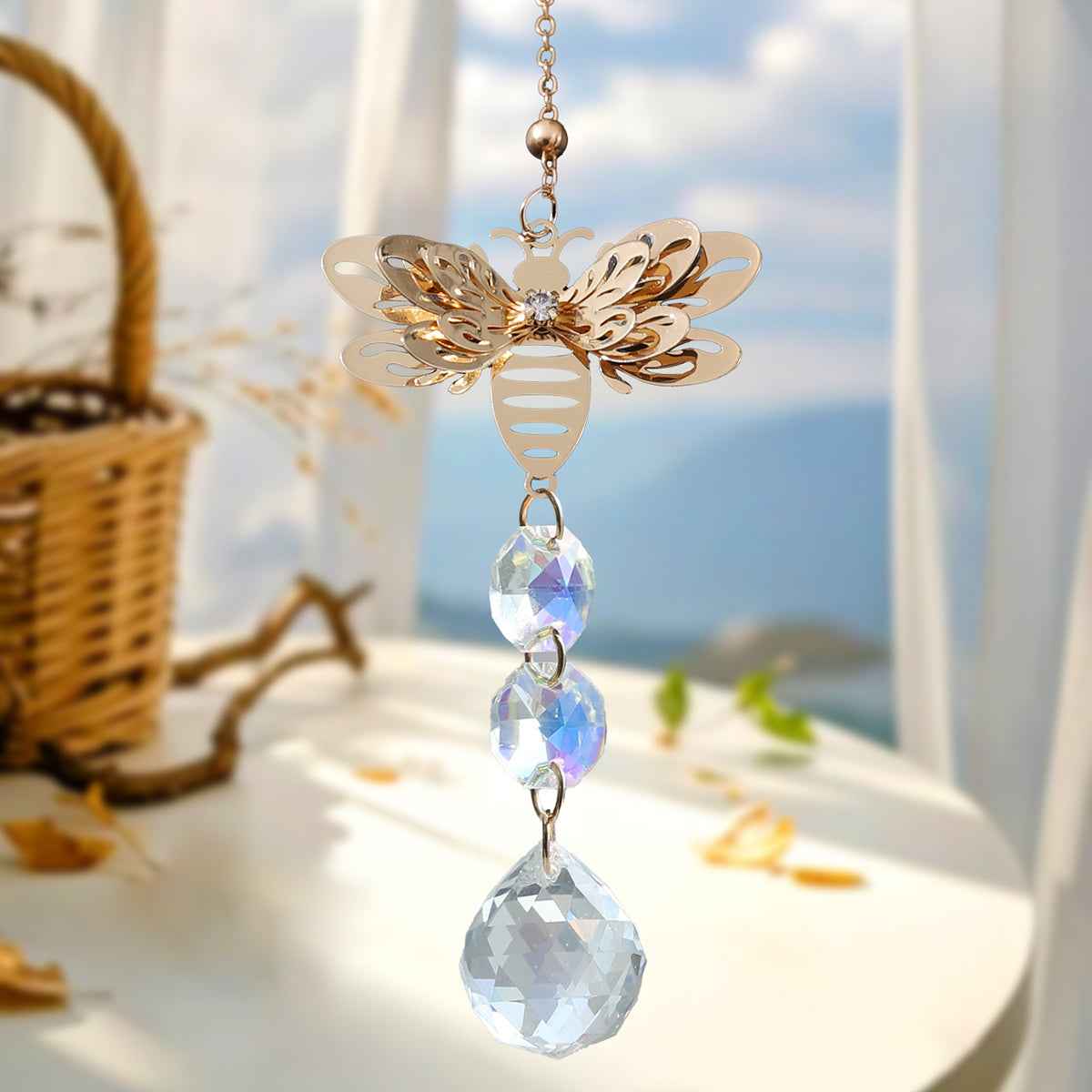 1pc Honey Bee Wind Chime - Metallic Spinning Suncatcher with Colorful Crystals, Bumblebee Garden Art Decor, Perfect for Indoor & Outdoor Ornament, Ideal Beekeeper or Gardener Gift, Crystal Prism Design for Year-Round Use, Bee