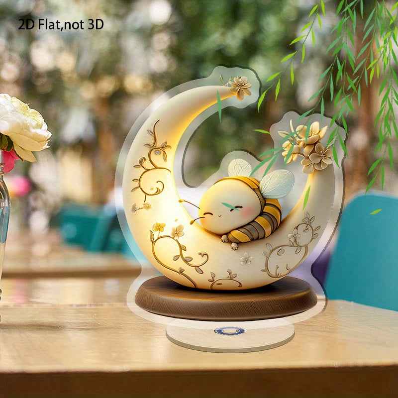 2D Flat Acrylic Tabletop Display Plaque, A Cute Bee Sleeping On A Moon-Shaped Decorative Lamp, Rotatable, With Base