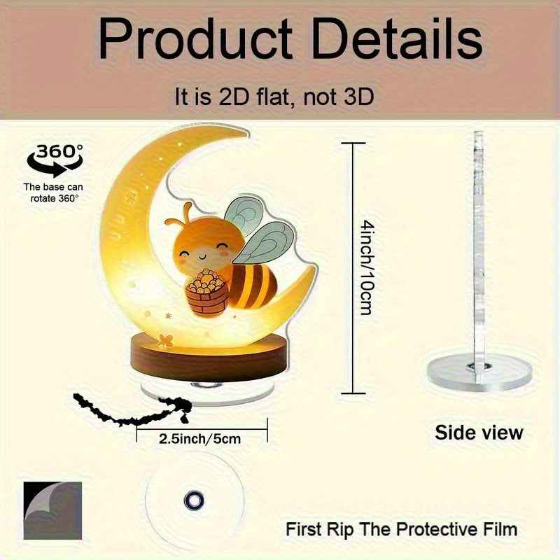2D Flat, 2D Flat Acrylic Bee Night Light with Crescent Moon & Brown Base - 360° Rotating Cute Cartoon Bee Design, No Electricity Needed for Indoor/Outdoor Bedroom Decor - Ideal Gift for Home, Housewarming, Birthdays, 2D Flat