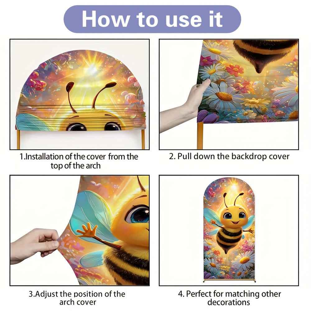 2D Flat, 1pc Cute Bee & Flower Arch Backdrop with Smiling Bees, Bumblebee & Honeycomb Patterns - Stretchable Birthday Party, Wedding, Shower Decorations - Room Theme (Pink/Green/Yellow), 2D Flat