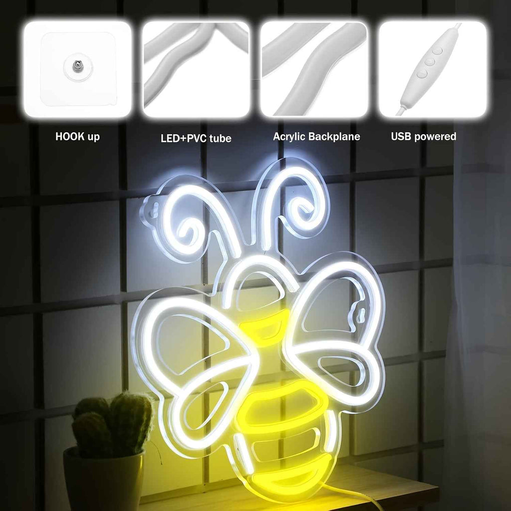 LED Neon Bee & Honeycomb Wall - USB-Powered Plug-in Glow Room,, Bee-Themed Party Decor, Durable Plastic Hanging Bee Sign with Switch Control, No, Bedside (White Glow, USB-Powered Fixture