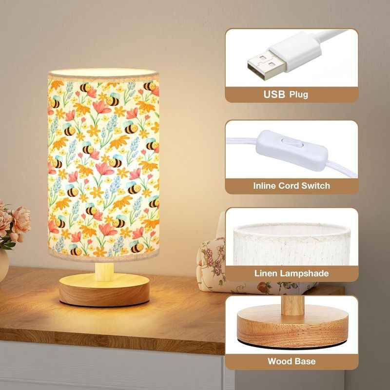 Festive Christmas & Year-Round LED Table Lamp with Warm White Light - Elegant Beige/Brown Floral Fabric Shade & Bee/ Motif, Soft Glow Bedside Light for Bedroom, Dorm, - -like Plug-and-Play Button Control (Wood