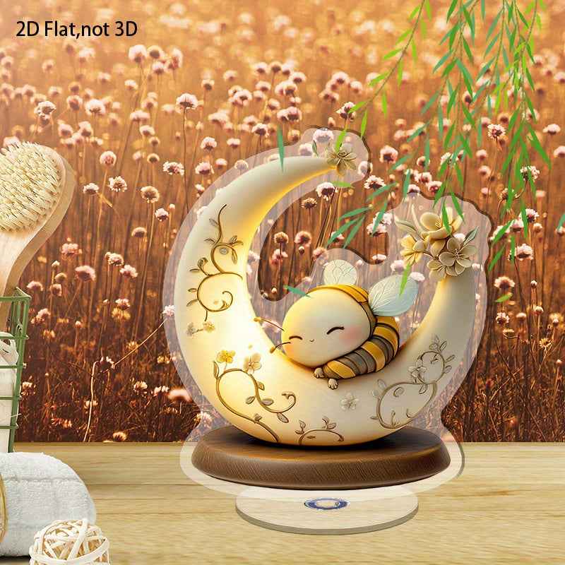 2D Flat Acrylic Tabletop Display Plaque, A Cute Bee Sleeping On A Moon-Shaped Decorative Lamp, Rotatable, With Base