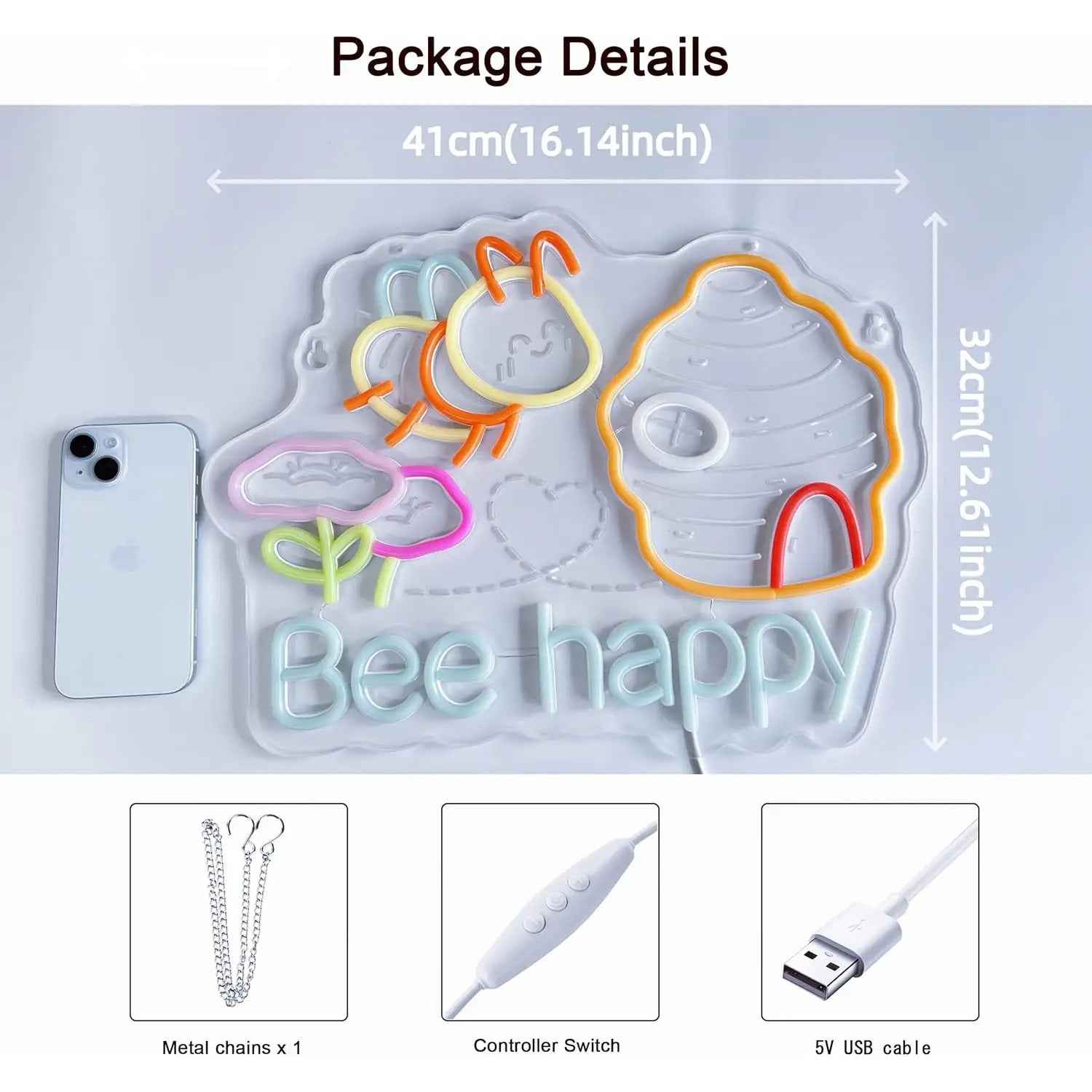 Happy Bee LED Dimmable Neon Light, Suitable for Restaurants, Shops, Bars, Cafes, Parties, Bedrooms, and Home Decorations, USB Powered, Usb Powered Decor, Retail Display Illumination, Color Changing Light, Decorative Neon Tube