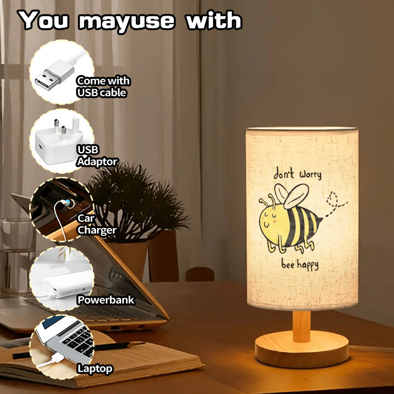 Modern USB Powered Linen Table Lamp with Cute Bee Pattern, Bedside Decorative Desk Light for Living Room and Bedroom, Best Gift for Family and Friends