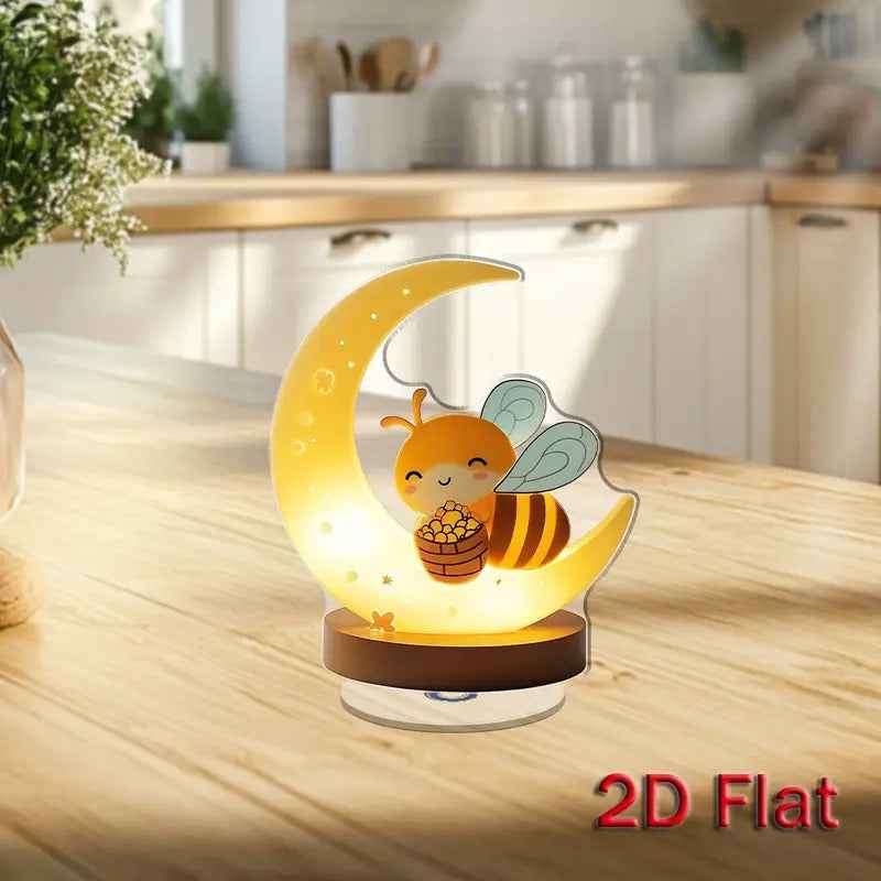 2D Flat, 2D Flat Acrylic Bee Night Light with Crescent Moon & Brown Base - 360° Rotating Cute Cartoon Bee Design, No Electricity Needed for Indoor/Outdoor Bedroom Decor - Ideal Gift for Home, Housewarming, Birthdays, 2D Flat
