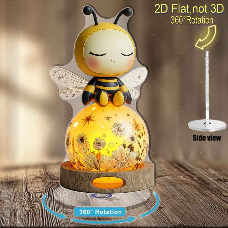 2D Flat, 2D Flat Print Rotating Acrylic Figurine Featuring A Cute Plush-Like Bee On A Glowing Spherical Lamp for Enhancing Home Ambiance As A Thoughtful Gift for Special Occasions, 2D Flat