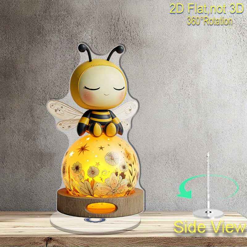 2D Flat, 2D Flat Print Rotating Acrylic Figurine Featuring A Cute Plush-Like Bee On A Glowing Spherical Lamp for Enhancing Home Ambiance As A Thoughtful Gift for Special Occasions, 2D Flat