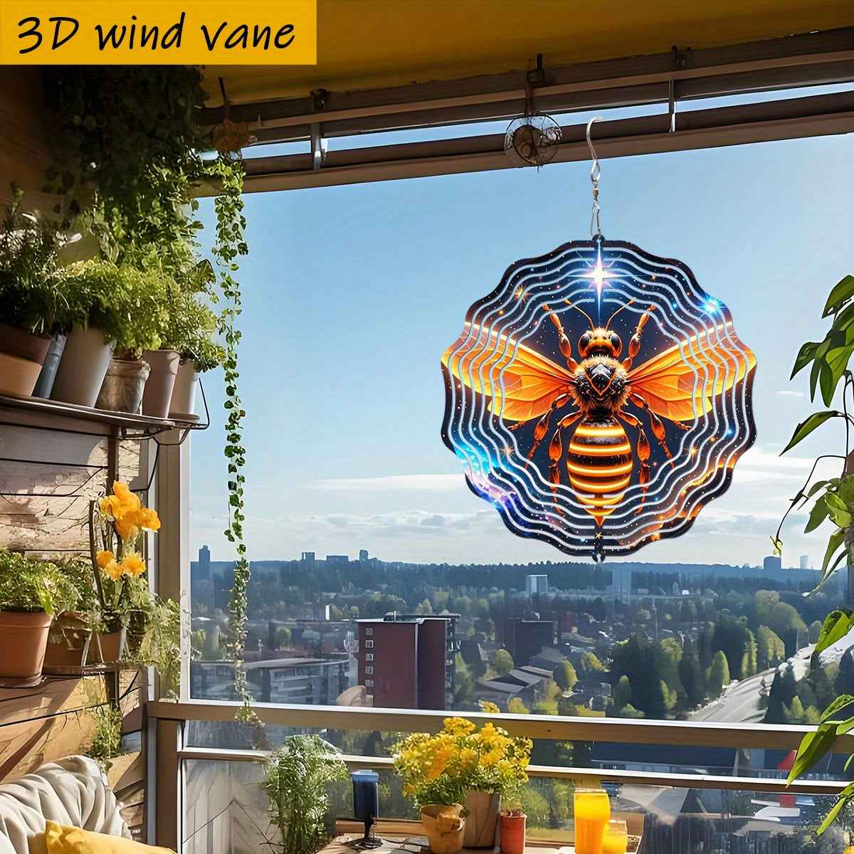 1pc 3D Glowing Bee in Starry Night Sky Iron Hanging Ornament - 10in Dual-Sided Rotating Wind Spinner with 360° Motion, No Batteries/Electricity, All-Season Indoor/Outdoor Decoration for Garden, Weddings, Christmas, Easter &