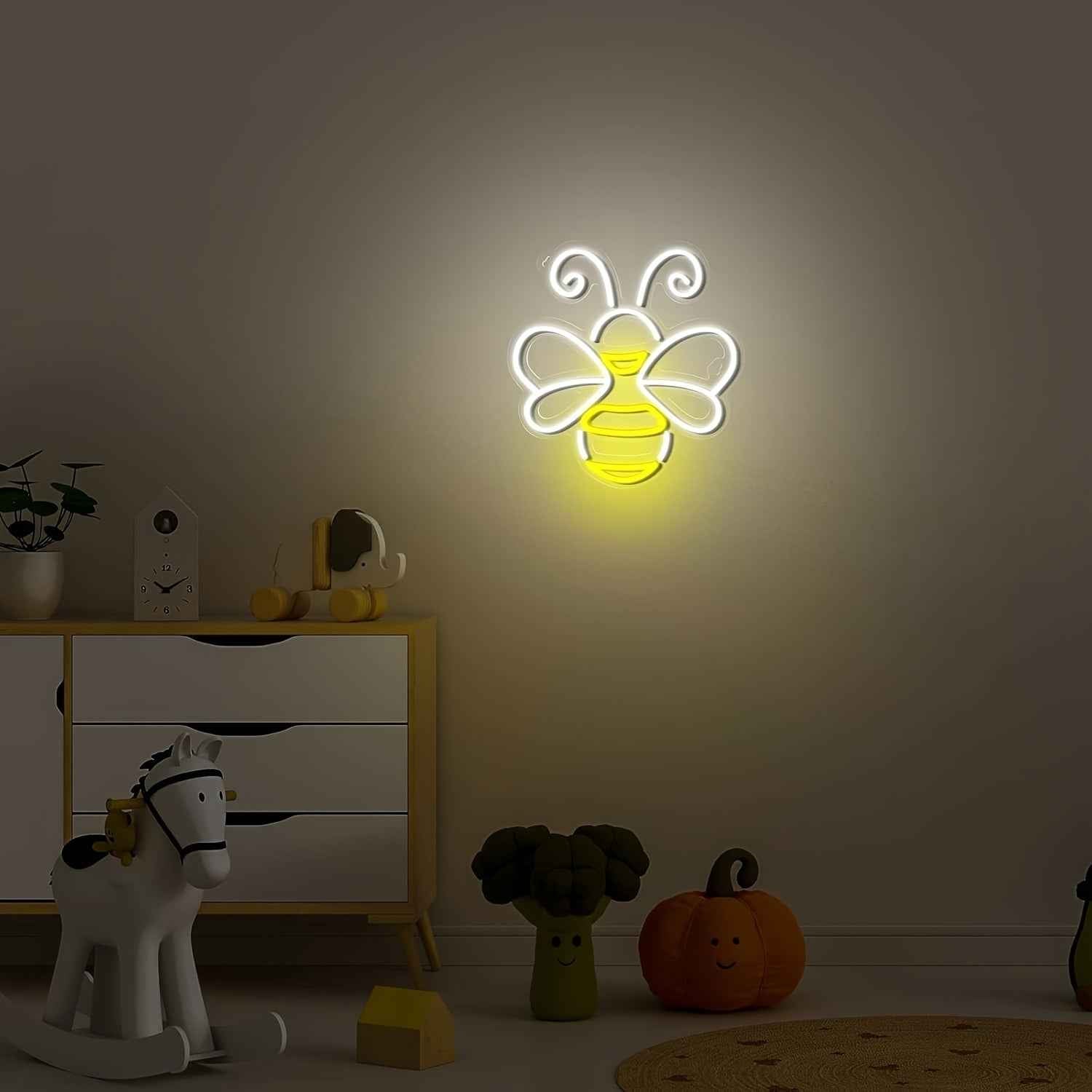 LED Neon Bee & Honeycomb Wall - USB-Powered Plug-in Glow Room,, Bee-Themed Party Decor, Durable Plastic Hanging Bee Sign with Switch Control, No, Bedside (White Glow, USB-Powered Fixture