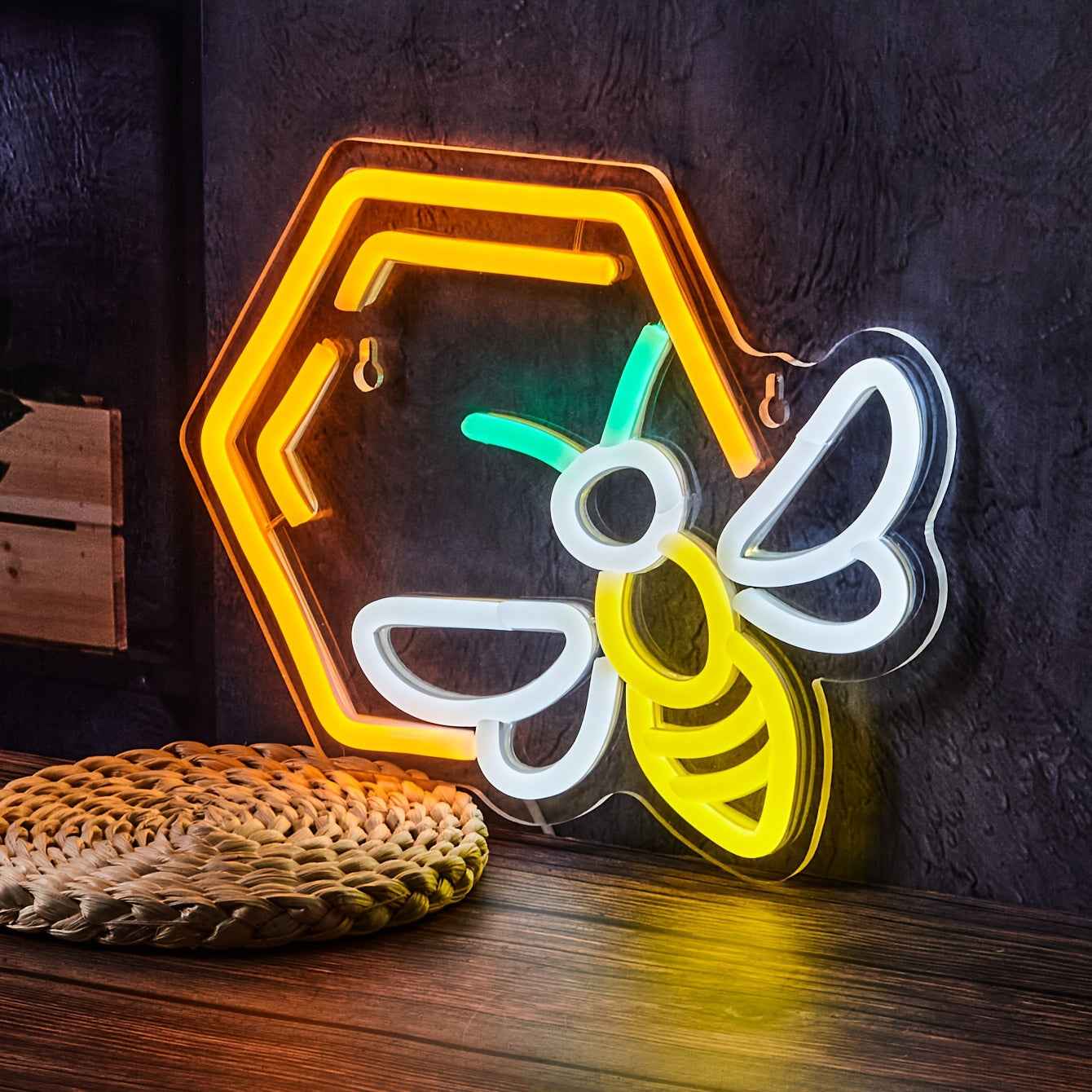 1pc Bee & Honeycomb LED Neon Sign - USB Powered Wall Art with Warm Yellow Glow, Modern Plastic Design for Home Decor, Parties, and Gifts, Unique Gift Item | Modern Neon Art | Plastic LED Sign, Neon Signs for Wall Decor