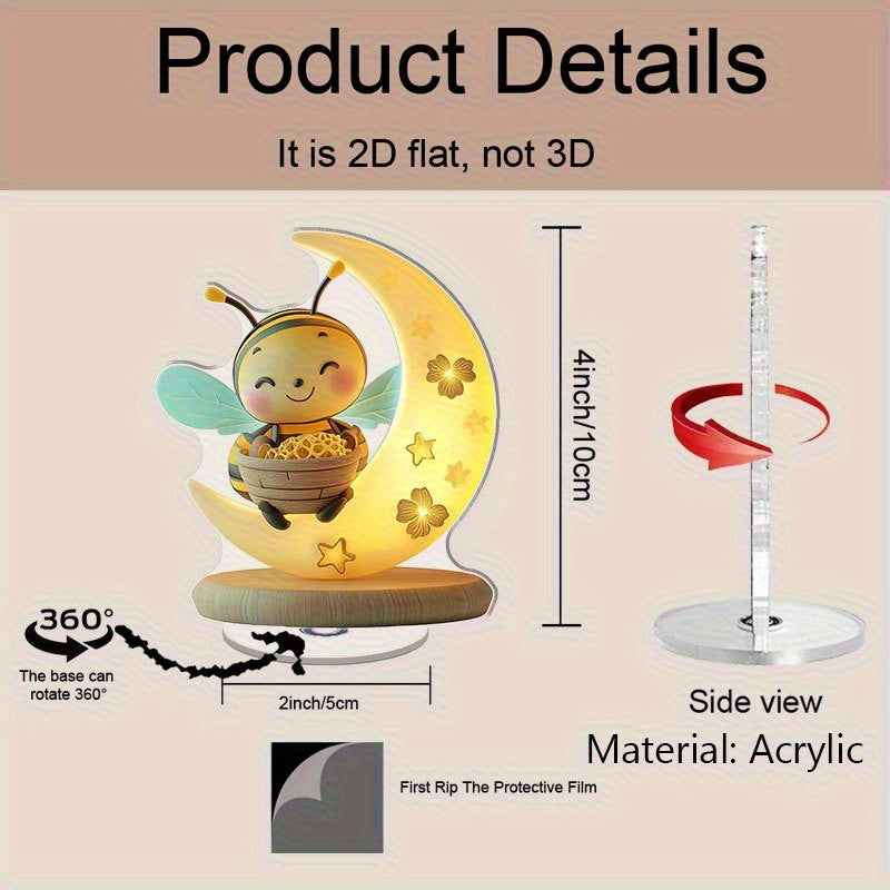 2D Flat, 2D Flat Acrylic Desktop Decor - Rotating Moonlit Bee with Warm Glow, Humorous Smiling Bee & Honeycomb Design, Durable PMMA Material, Indoor/Outdoor Home Office Decoration, No Electricity Needed, Little Bee Lamp, Bee