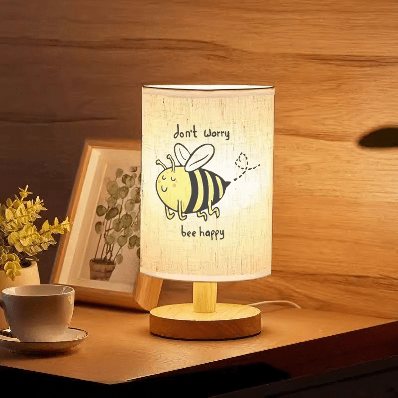 Modern USB Powered Linen Table Lamp with Cute Bee Pattern, Bedside Decorative Desk Light for Living Room and Bedroom, Best Gift for Family and Friends