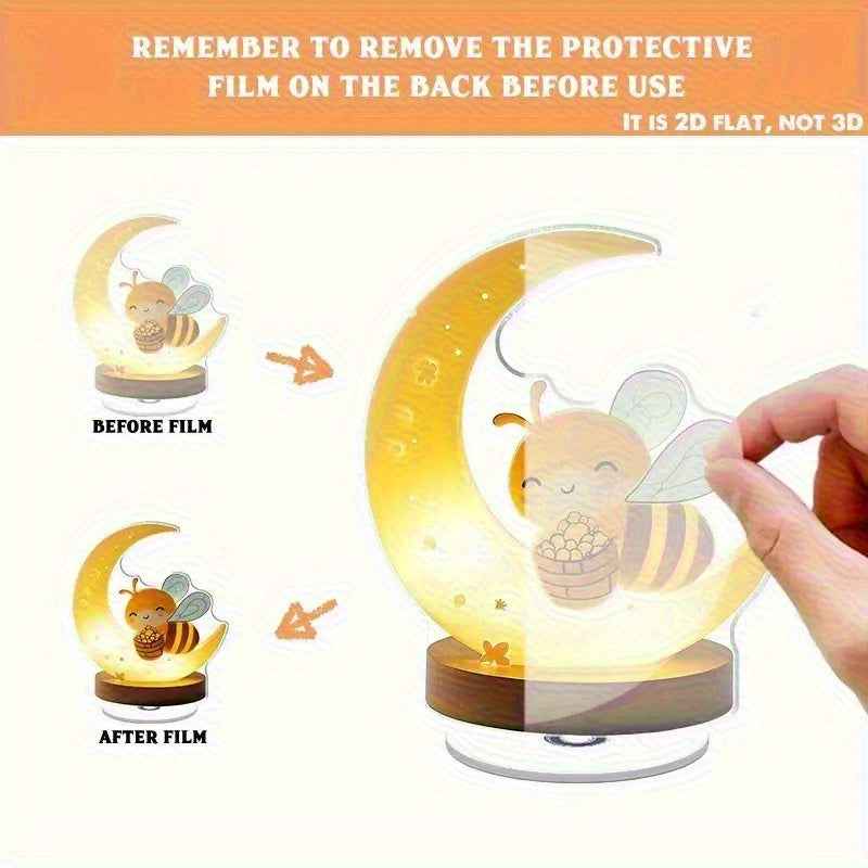 2D Flat, 2D Flat Acrylic Bee Night Light with Crescent Moon & Brown Base - 360° Rotating Cute Cartoon Bee Design, No Electricity Needed for Indoor/Outdoor Bedroom Decor - Ideal Gift for Home, Housewarming, Birthdays, 2D Flat