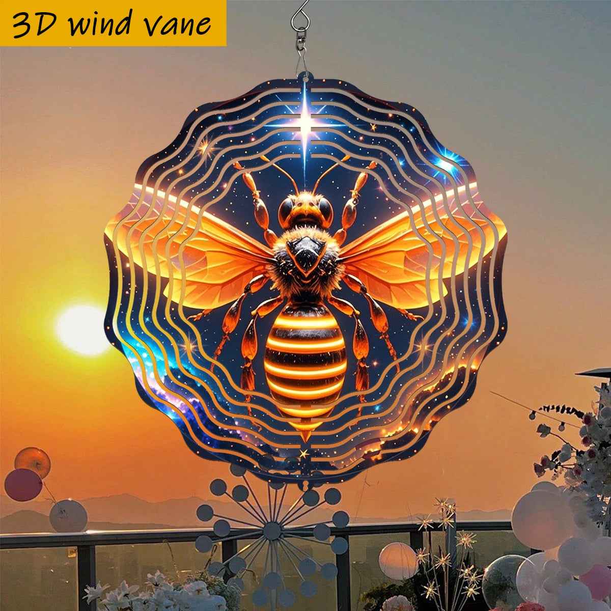 1pc 3D Glowing Bee in Starry Night Sky Iron Hanging Ornament - 10in Dual-Sided Rotating Wind Spinner with 360° Motion, No Batteries/Electricity, All-Season Indoor/Outdoor Decoration for Garden, Weddings, Christmas, Easter &