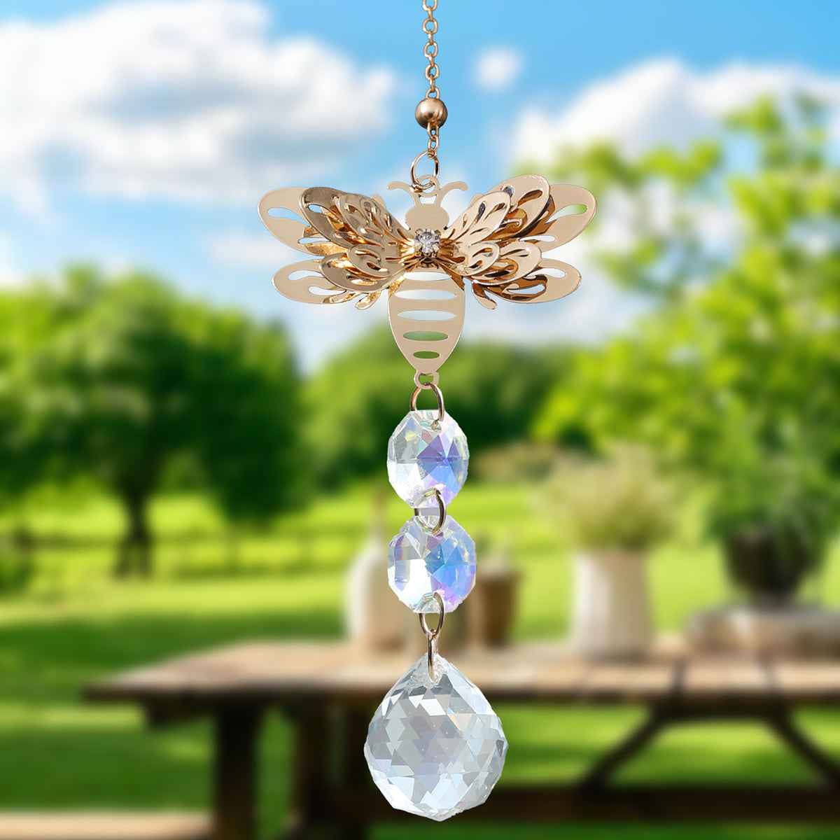 1pc Honey Bee Wind Chime - Metallic Spinning Suncatcher with Colorful Crystals, Bumblebee Garden Art Decor, Perfect for Indoor & Outdoor Ornament, Ideal Beekeeper or Gardener Gift, Crystal Prism Design for Year-Round Use, Bee