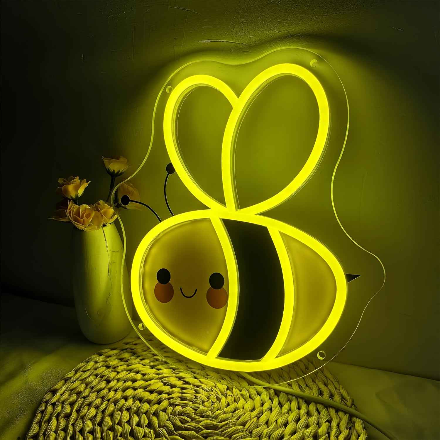 Cute Honey Bee Neon Light - USB-Powered Wall Art with Glowing Yellow & White Stripes, Playful Cartoon Design for Home, Party, or Commercial Decor, Bee Decor, Party Lighting, Whimsical Lighting, USB Powered Light