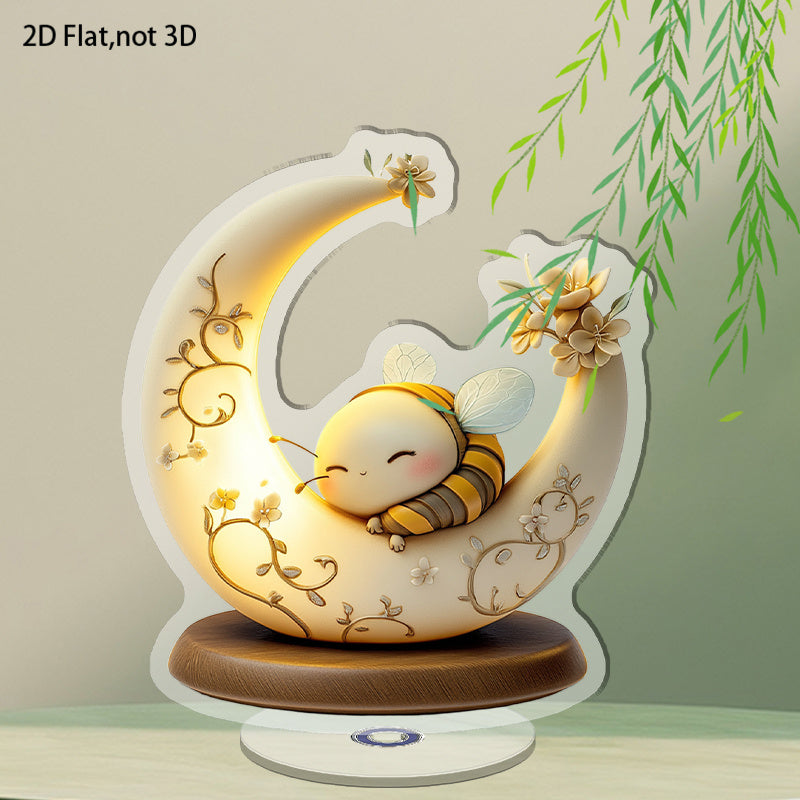 2D Flat Acrylic Bees Light Moon Lamp Display Plaque - Cute Bee Sleeping on Decorative Rotatable Lamp with Base