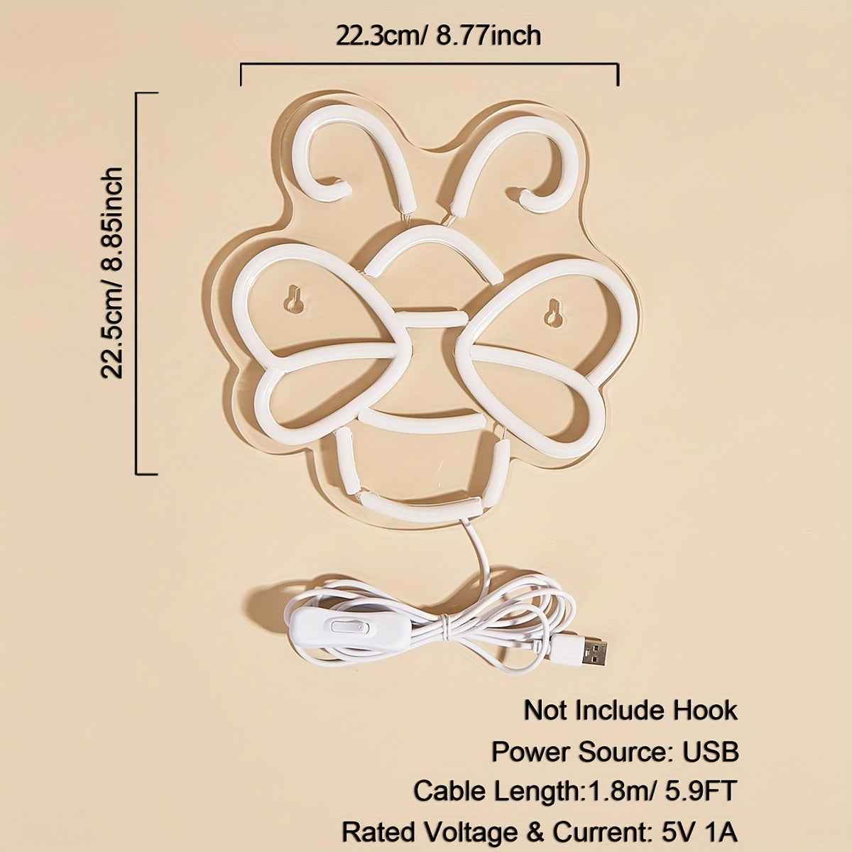 1pc Bee Neon Sign, USB Powered LED Wall Hanging Light with Switch Control, Plastic Material, Multipurpose Room Decor for Bedroom, Party, Wedding - No Battery Required