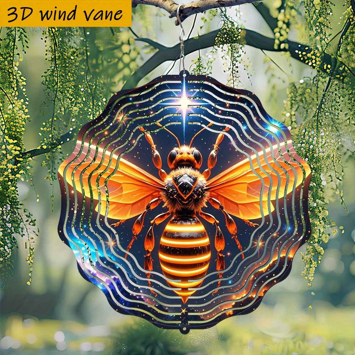 1pc 3D Glowing Bee in Starry Night Sky Iron Hanging Ornament - 10in Dual-Sided Rotating Wind Spinner with 360° Motion, No Batteries/Electricity, All-Season Indoor/Outdoor Decoration for Garden, Weddings, Christmas, Easter &