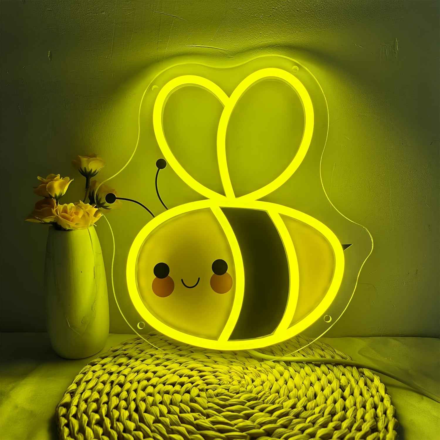 Cute Honey Bee Neon Light - USB-Powered Wall Art with Glowing Yellow & White Stripes, Playful Cartoon Design for Home, Party, or Commercial Decor, Bee Decor, Party Lighting, Whimsical Lighting, USB Powered Light
